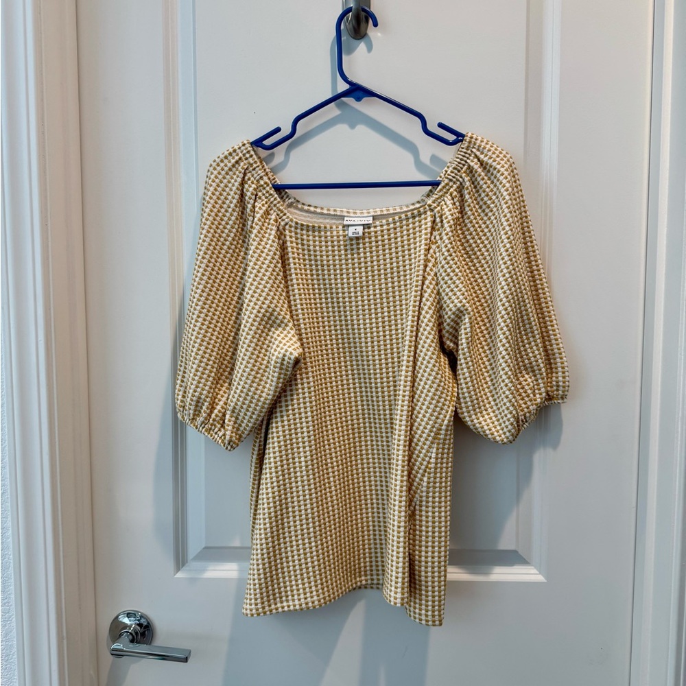 Ava & Viv Tan Puff Sleeve Blouse with Smocked Tie Front